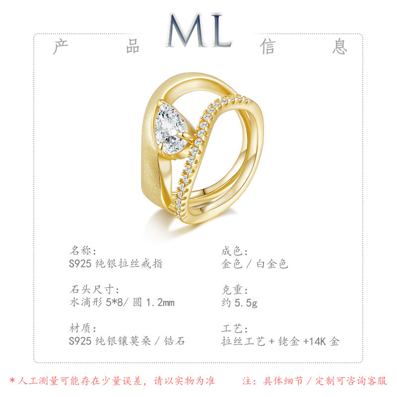 Italian Brushed Luxury Pear Cut Moissanite Ring in 14K Gold Plated 925 Silver | Moisse & Silver Co. | #59 - Moisse & Silver Co.