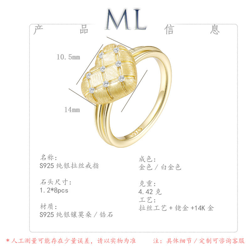 Italian Brushed Minimalist Luxury Heart Moissanite Ring in 14K Gold Plated 925 Silver | Moisse & Silver Co. | #20 - Moisse & Silver Co.
