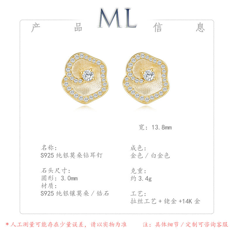 Italian Brushed Minimalist Luxury Floral Moissanite Earrings - 14K Gold Plated 925 Sterling Silver | MS-G29 in 14K Gold Plated 925 Silver | Moisse & Silver Co. - Moisse & Silver Co.