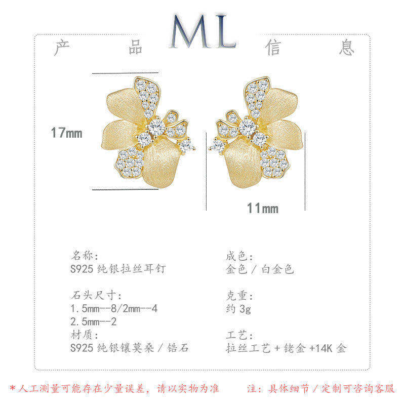 Italian Brushed Luxury Floral Moissanite Earrings - 14K Gold Plated 925 Sterling Silver | MS-G3 in 14K Gold Plated 925 Silver | Moisse & Silver Co. - Moisse & Silver Co.
