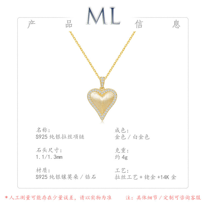 Italian Brushed Heart Moissanite Necklace in 14K Gold Plated 925 Silver | Moisse & Silver Co. | #64 - Moisse & Silver Co.
