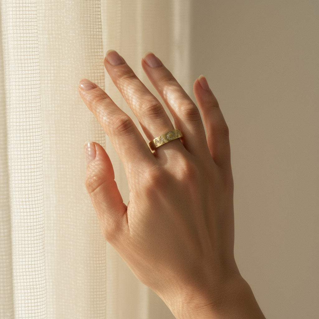 MOM Initial Italian Brushed Moissanite Ring 14K Gold in 14K Gold Plated 925 Silver | Moisse & Silver Co. - Moisse & Silver Co.