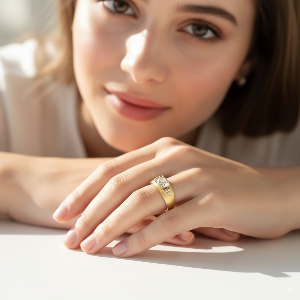 Oval Cut 1ct Moissanite Italian Brushed Ring 14K Gold in 14K Gold Plated 925 Silver | Moisse & Silver Co. - Moisse & Silver Co.