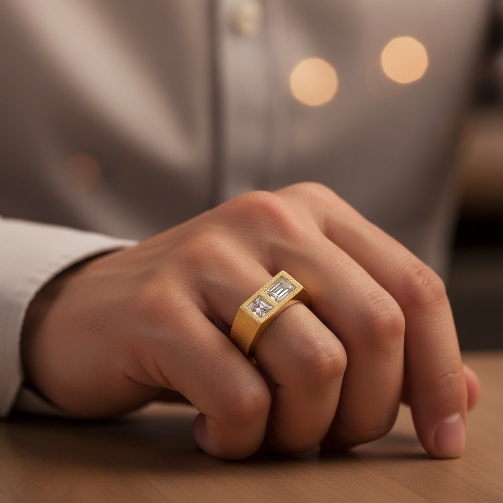 Italian Brushed Moissanite Ring - 14K Gold Plated 925 Sterling Silver | MS-G55 in 14K Gold Plated 925 Silver | Moisse & Silver Co. - Moisse & Silver Co.