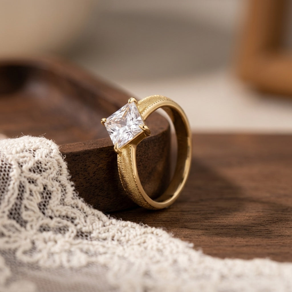 Italian Brushed Luxury Star Moissanite Ring in 14K Gold Plated 925 Silver | Moisse & Silver Co. | #71 - Moisse & Silver Co.