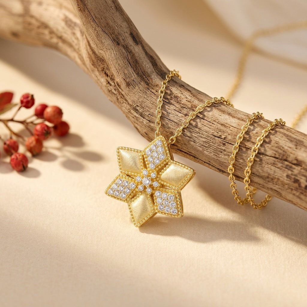 Italian Brushed Minimalist Luxury Star Moissanite Necklace in 14K Gold Plated 925 Silver | Moisse & Silver Co. | #95 - Moisse & Silver Co.