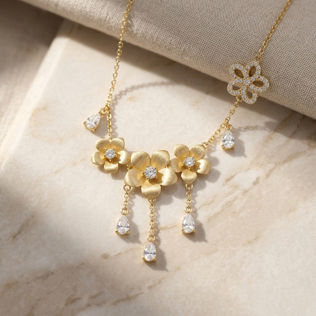 Italian Brushed Luxury Floral Moissanite Necklace in 14K Gold Plated 925 Silver | Moisse & Silver Co. | #106 - Moisse & Silver Co.