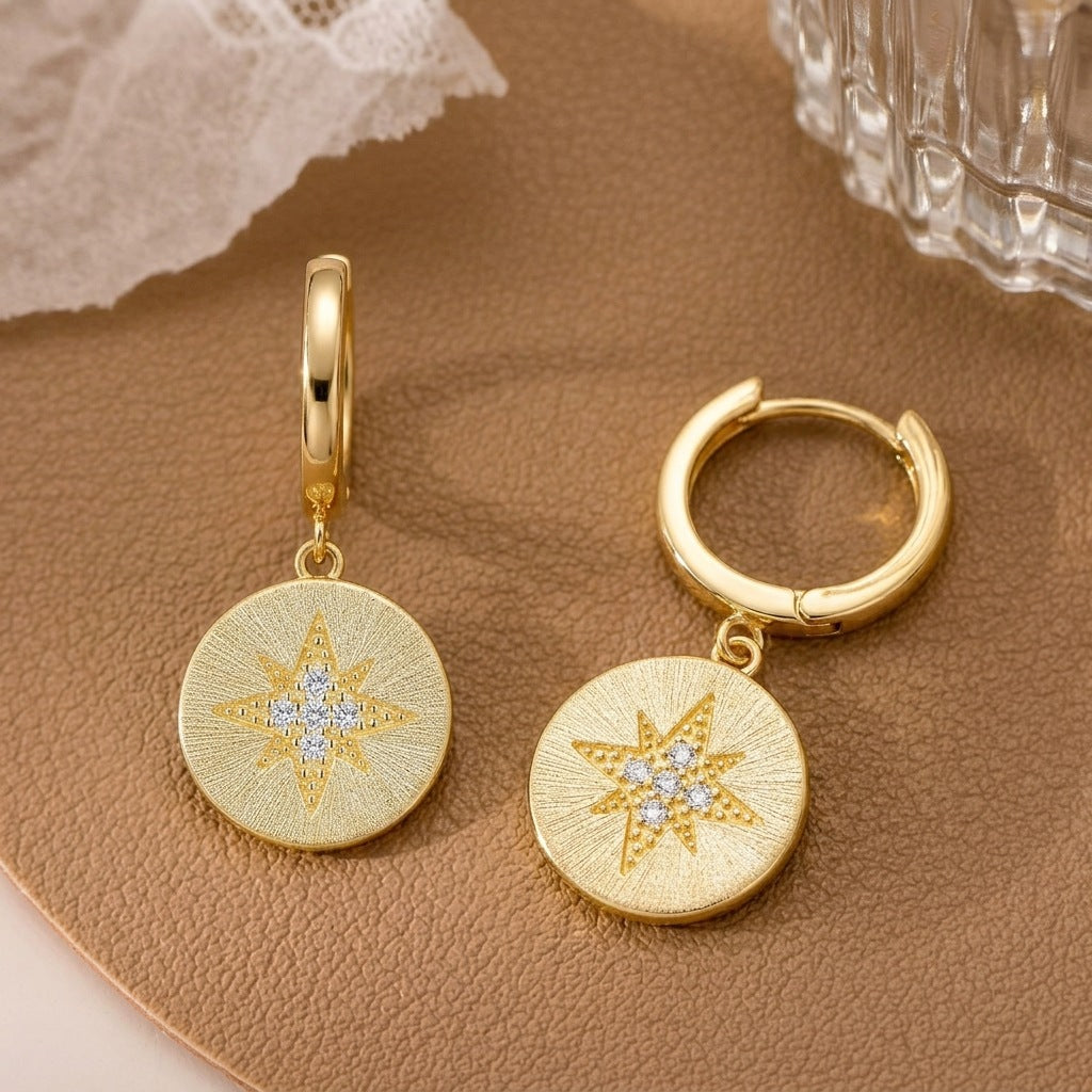 Italian Brushed Luxury Star Moissanite Earrings - 14K Gold Plated 925 Sterling Silver | MS-G125 in 14K Gold Plated 925 Silver | Moisse & Silver Co. - Moisse & Silver Co.