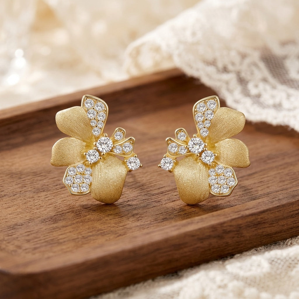 Italian Brushed Luxury Floral Moissanite Earrings - 14K Gold Plated 925 Sterling Silver | MS-G3 in 14K Gold Plated 925 Silver | Moisse & Silver Co. - Moisse & Silver Co.