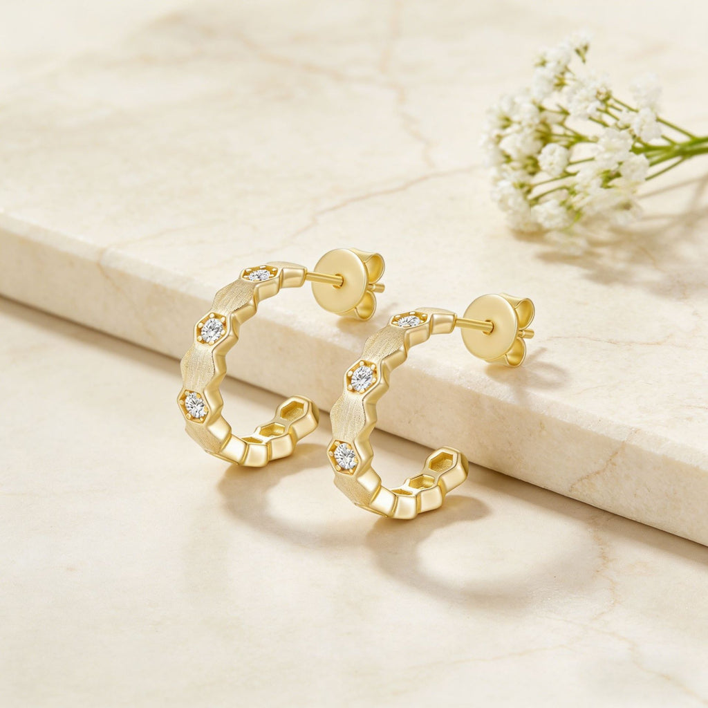 Italian Brushed Moissanite Earrings - 14K Gold Plated 925 Sterling Silver | MS-G28 in 14K Gold Plated 925 Silver | Moisse & Silver Co. - Moisse & Silver Co.