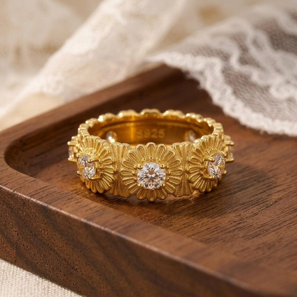 Italian Brushed Vintage Luxury Floral Moissanite Ring in 14K Gold Plated 925 Silver | Moisse & Silver Co. | #37 - Moisse & Silver Co.