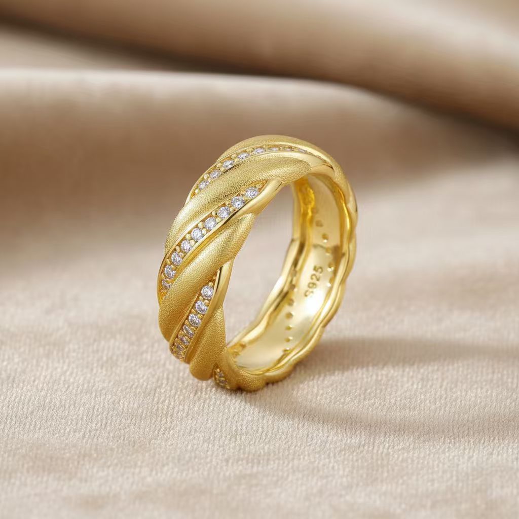 Italian Brushed Minimalist Luxury Floral Moissanite Ring in 14K Gold Plated 925 Silver | Moisse & Silver Co. | #39 - Moisse & Silver Co.
