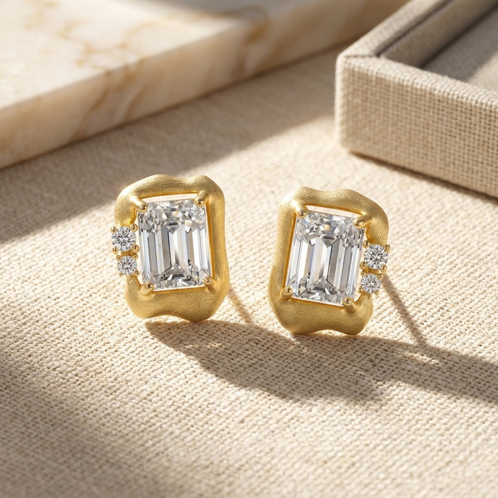 Italian Brushed Luxury Moissanite Earrings - 14K Gold Plated 925 Sterling Silver | MS-G108 in 14K Gold Plated 925 Silver | Moisse & Silver Co. - Moisse & Silver Co.