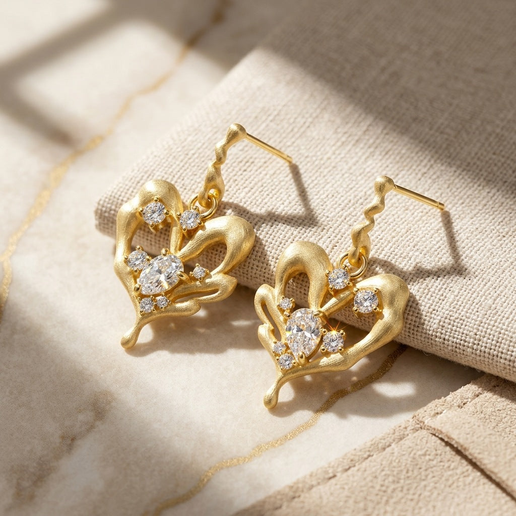 Italian Brushed Heart Moissanite Earrings - 14K Gold Plated 925 Sterling Silver | MS-G109 in 14K Gold Plated 925 Silver | Moisse & Silver Co. - Moisse & Silver Co.