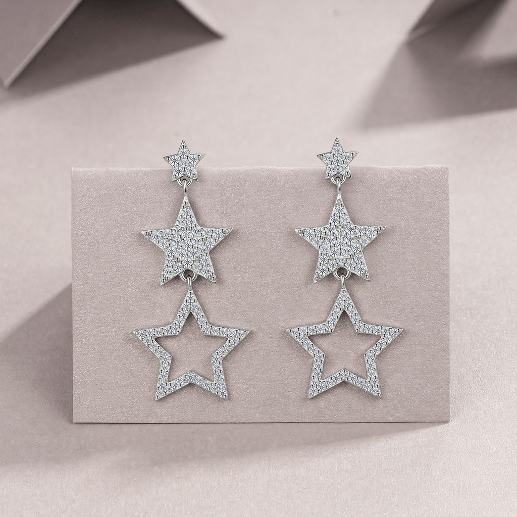 Y2K Style Triple Star Moissanite Dangle Drop Earrings - S925 Silver - Moisse & Silver Co.