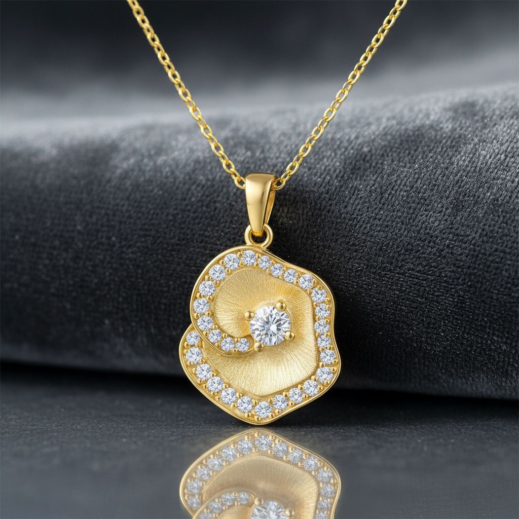 Vintage Minimalist Round Brilliant Floral Moissanite Necklace in 14K Gold Plated 925 Silver | Moisse & Silver Co. | #42 - Moisse & Silver Co.