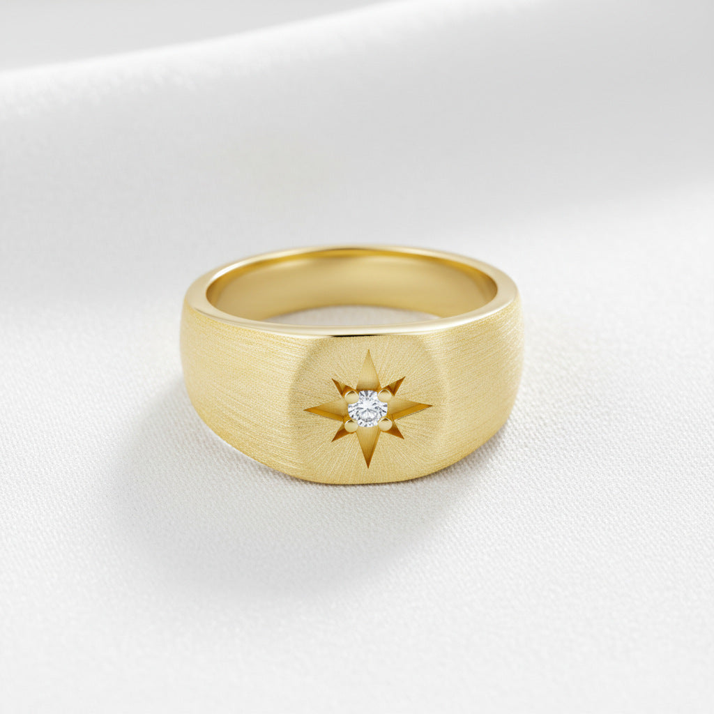 Italian Brushed Minimalist Star Moissanite Ring - 14K Gold Plated 925 Sterling Silver | MS-G54 in 14K Gold Plated 925 Silver | Moisse & Silver Co. - Moisse & Silver Co.