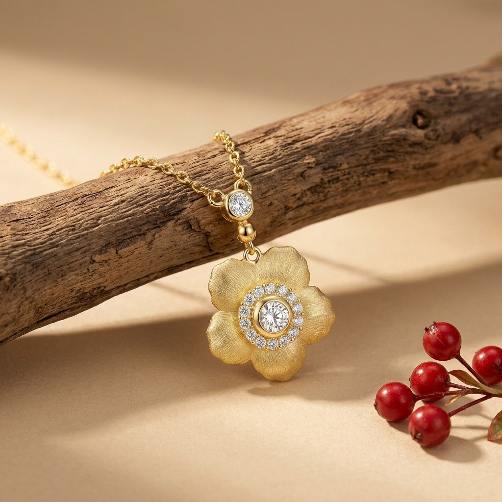 Italian Brushed Vintage Minimalist Luxury Floral Moissanite Necklace in 14K Gold Plated 925 Silver | Moisse & Silver Co. | #91 - Moisse & Silver Co.