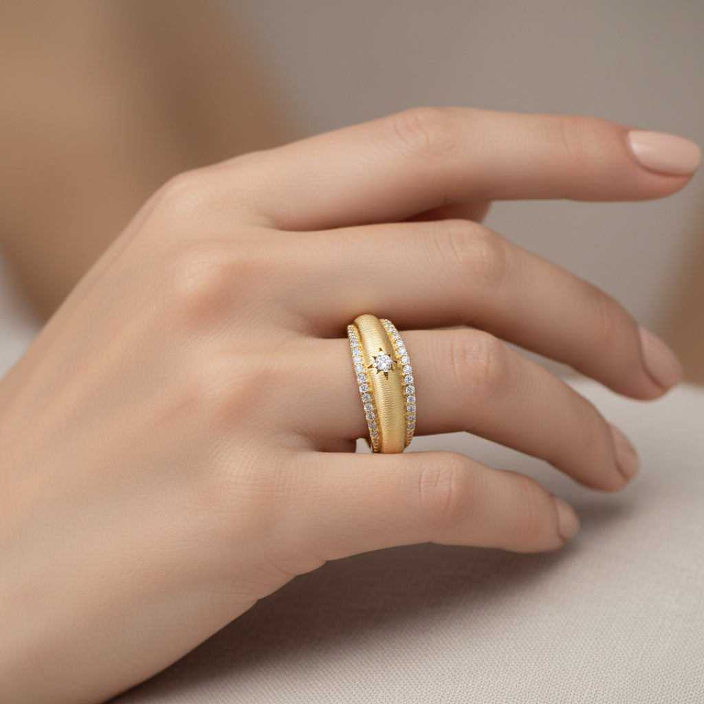 Italian Brushed Vintage Minimalist Moissanite Ring in 14K Gold Plated 925 Silver | Moisse & Silver Co. | #23 - Moisse & Silver Co.