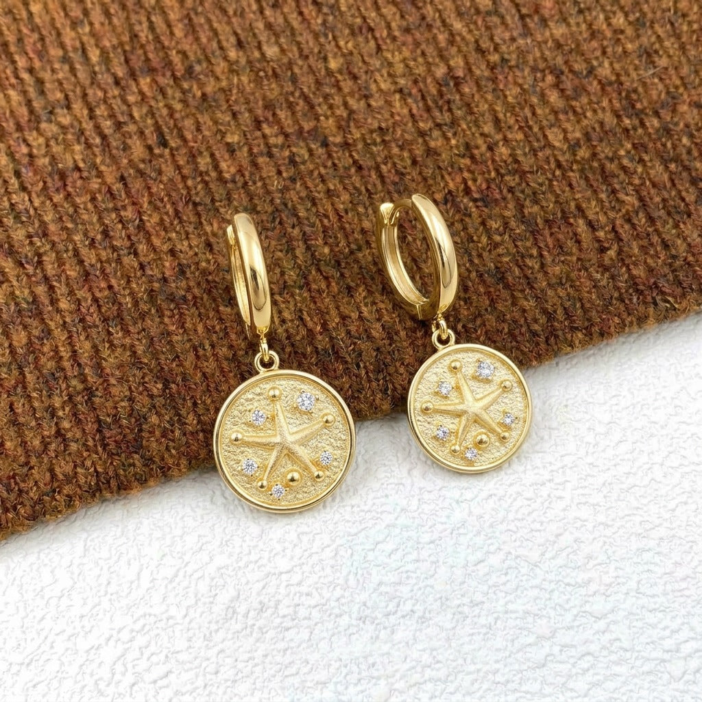 Italian Brushed Luxury Star Moissanite Earrings - 14K Gold Plated 925 Sterling Silver | MS-G121 in 14K Gold Plated 925 Silver | Moisse & Silver Co. - Moisse & Silver Co.