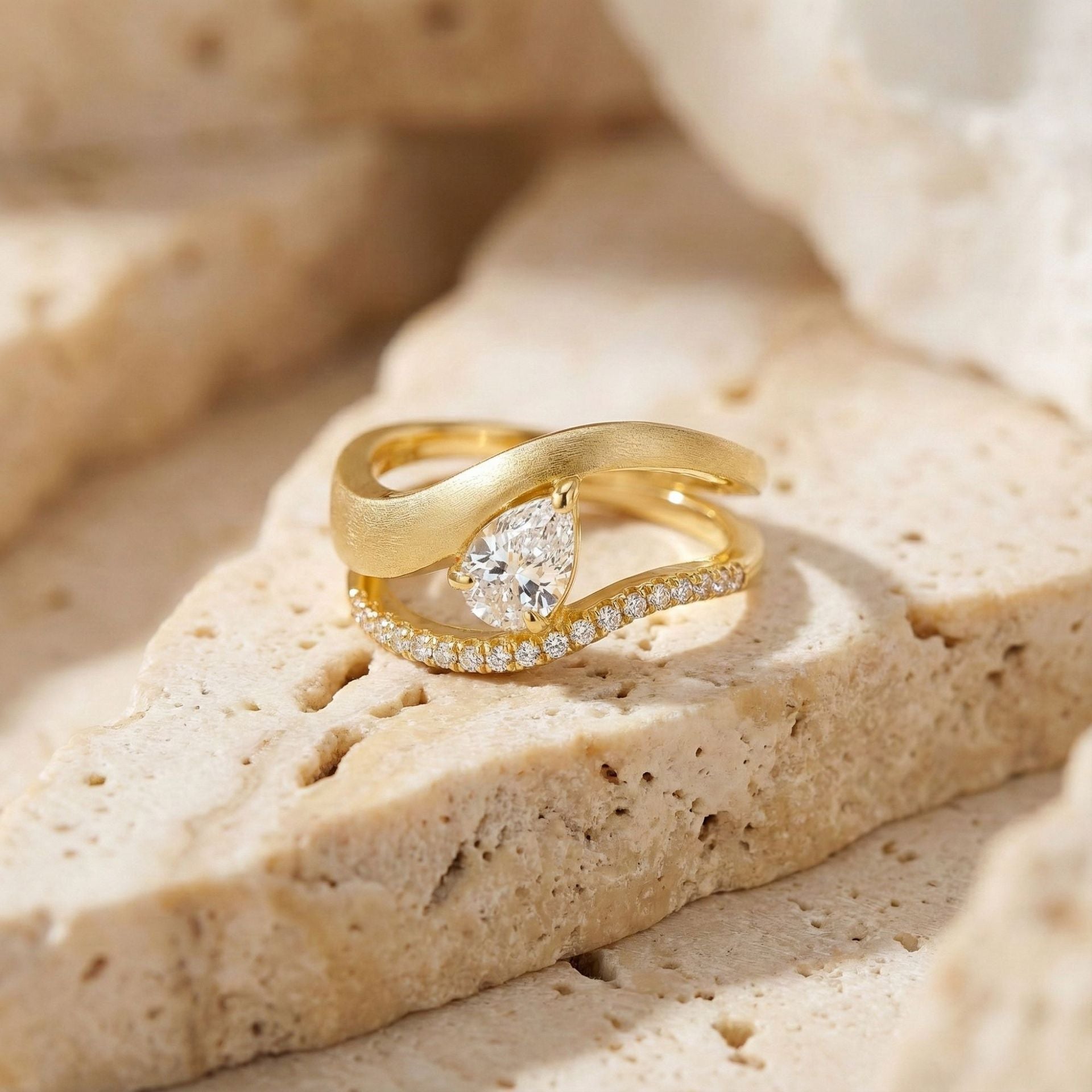Italian Brushed Luxury Pear Cut Moissanite Ring in 14K Gold Plated 925 Silver | Moisse & Silver Co. | #59 - Moisse & Silver Co.