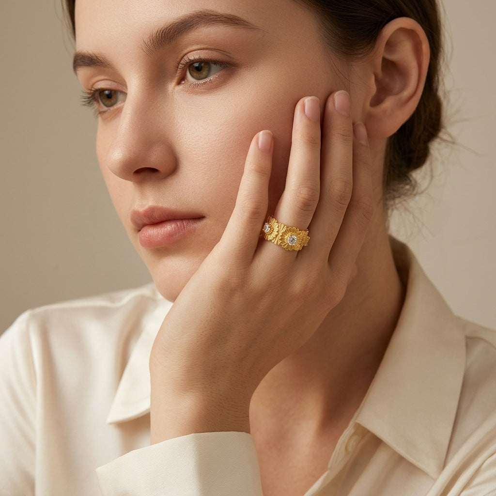 Italian Brushed Vintage Luxury Floral Moissanite Ring in 14K Gold Plated 925 Silver | Moisse & Silver Co. | #37 - Moisse & Silver Co.