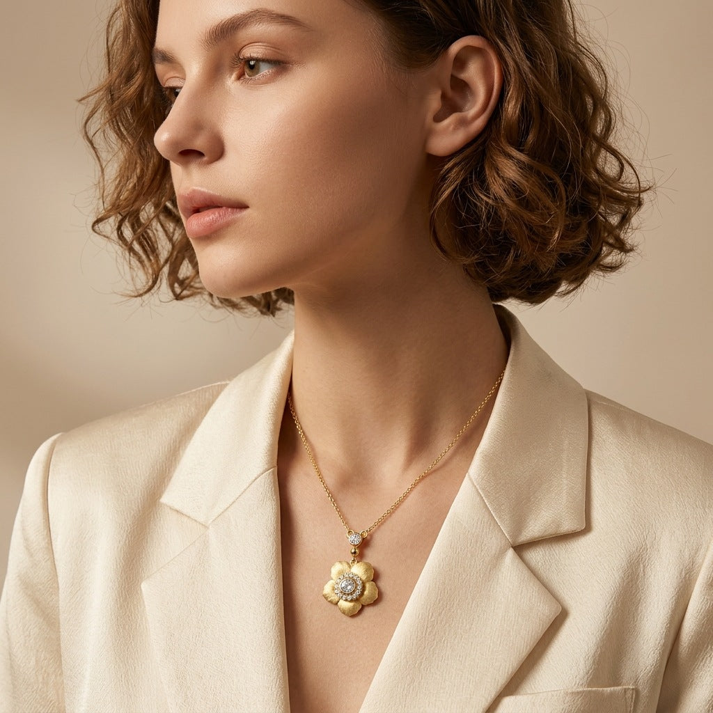 Italian Brushed Vintage Minimalist Luxury Floral Moissanite Necklace in 14K Gold Plated 925 Silver | Moisse & Silver Co. | #91 - Moisse & Silver Co.