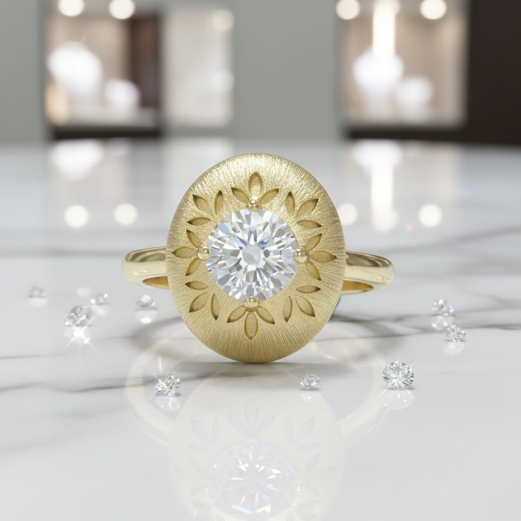 Italian Brushed Vintage Luxury Floral Moissanite Ring in 14K Gold Plated 925 Silver | Moisse & Silver Co. | #89 - Moisse & Silver Co.