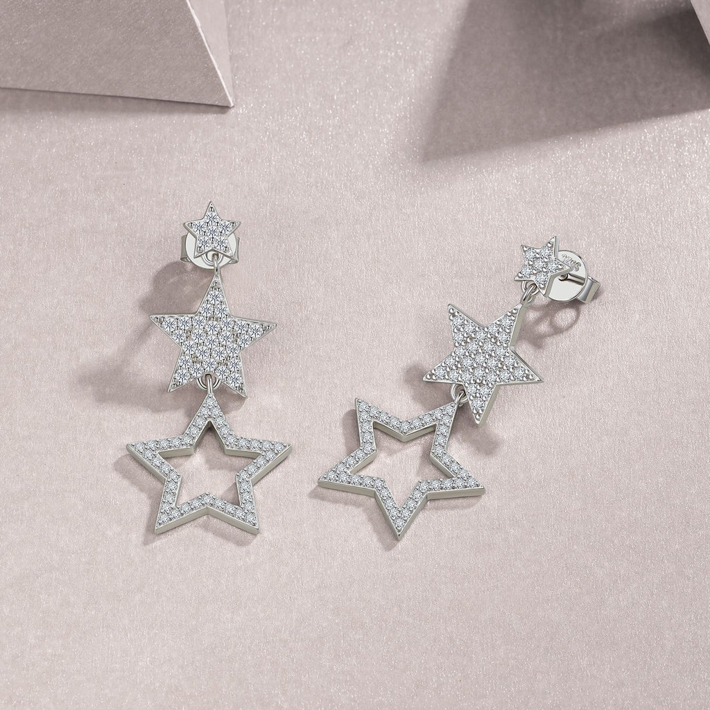 Y2K Style Triple Star Moissanite Dangle Drop Earrings - S925 Silver - Moisse & Silver Co.