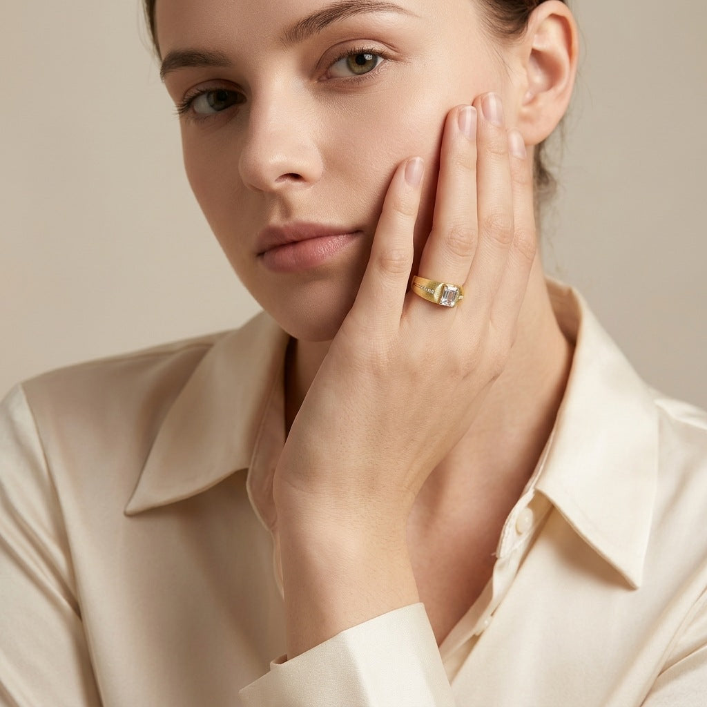 Italian Brushed Luxury Moissanite Ring in 14K Gold Plated 925 Silver | Moisse & Silver Co. | #78 - Moisse & Silver Co.