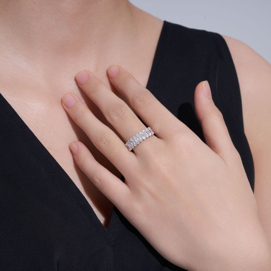 Step Cut Moissanite Wedding Band - S925 Sterling Silver Stackable Ring - Moisse & Silver Co.