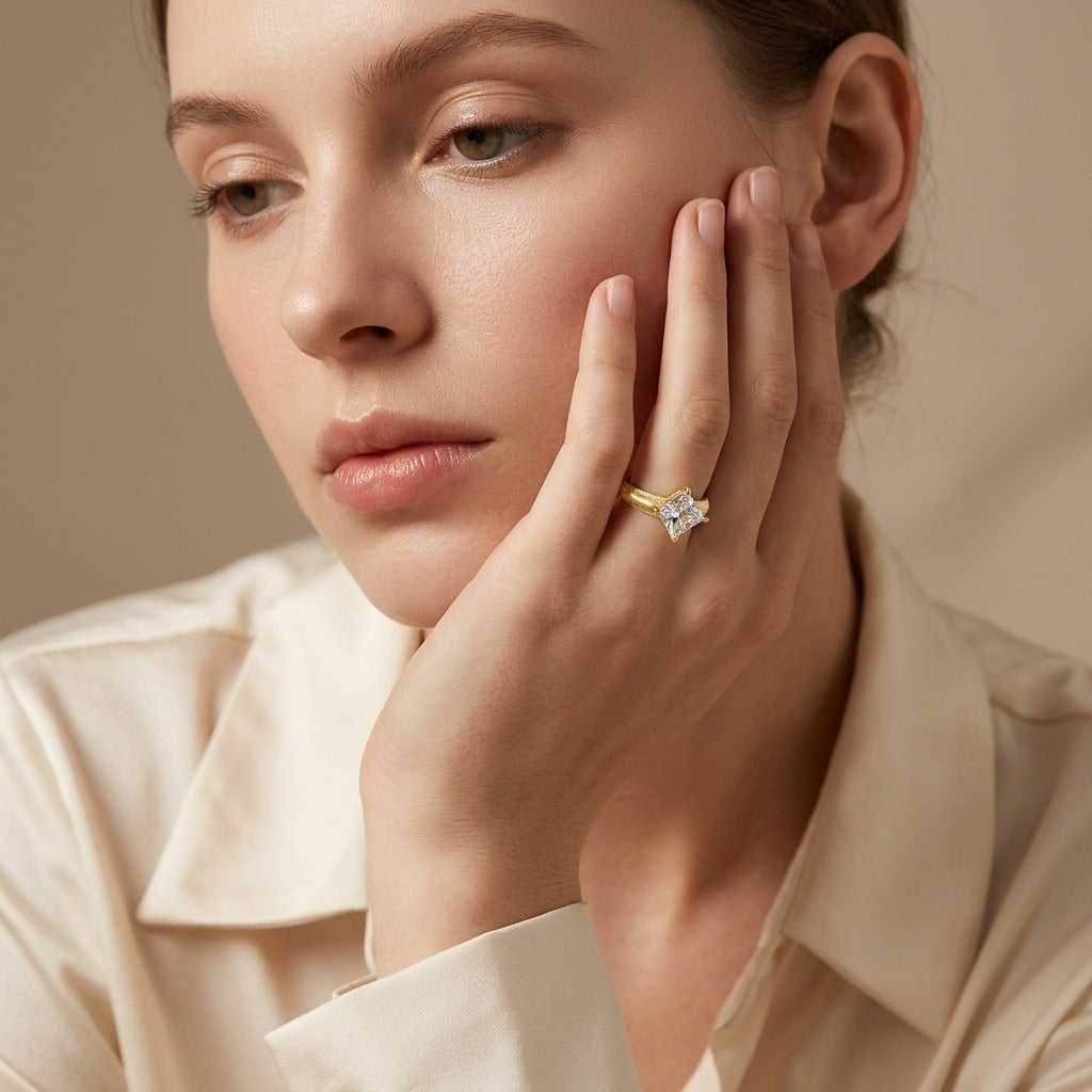 Italian Brushed Luxury Star Moissanite Ring in 14K Gold Plated 925 Silver | Moisse & Silver Co. | #71 - Moisse & Silver Co.