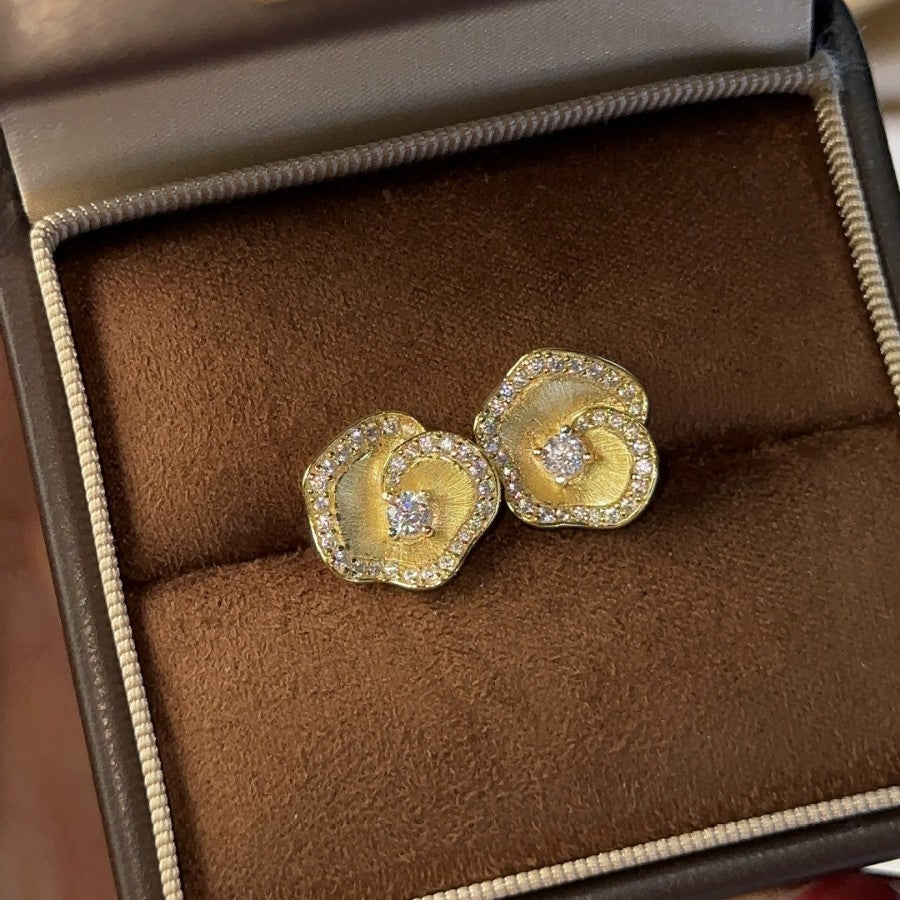 Italian Brushed Minimalist Luxury Floral Moissanite Earrings - 14K Gold Plated 925 Sterling Silver | MS-G29 in 14K Gold Plated 925 Silver | Moisse & Silver Co. - Moisse & Silver Co.