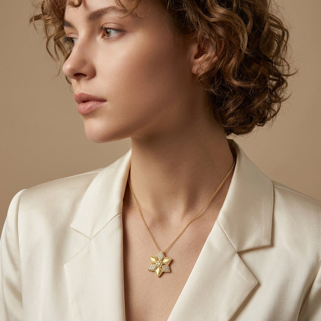 Italian Brushed Minimalist Luxury Star Moissanite Necklace in 14K Gold Plated 925 Silver | Moisse & Silver Co. | #95 - Moisse & Silver Co.
