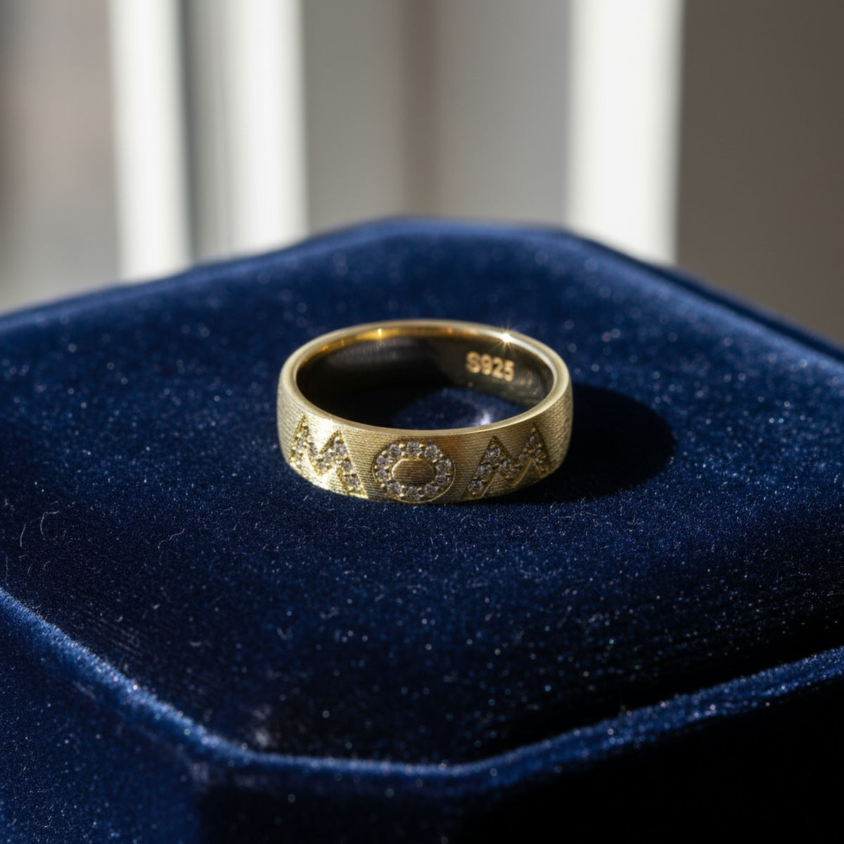 MOM Initial Italian Brushed Moissanite Ring 14K Gold in 14K Gold Plated 925 Silver | Moisse & Silver Co. - Moisse & Silver Co.
