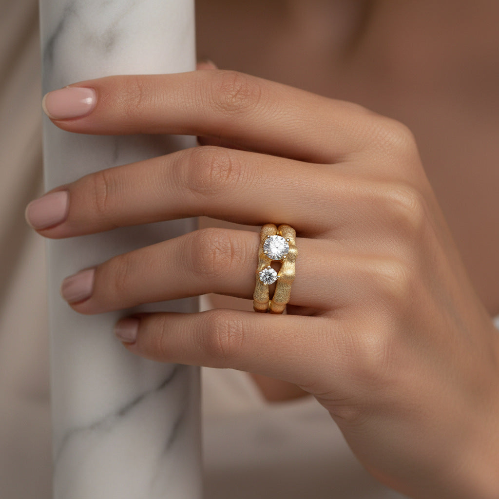 Italian Brushed Vintage Minimalist Luxury Moissanite Ring in 14K Gold Plated 925 Silver | Moisse & Silver Co. | #132 - Moisse & Silver Co.