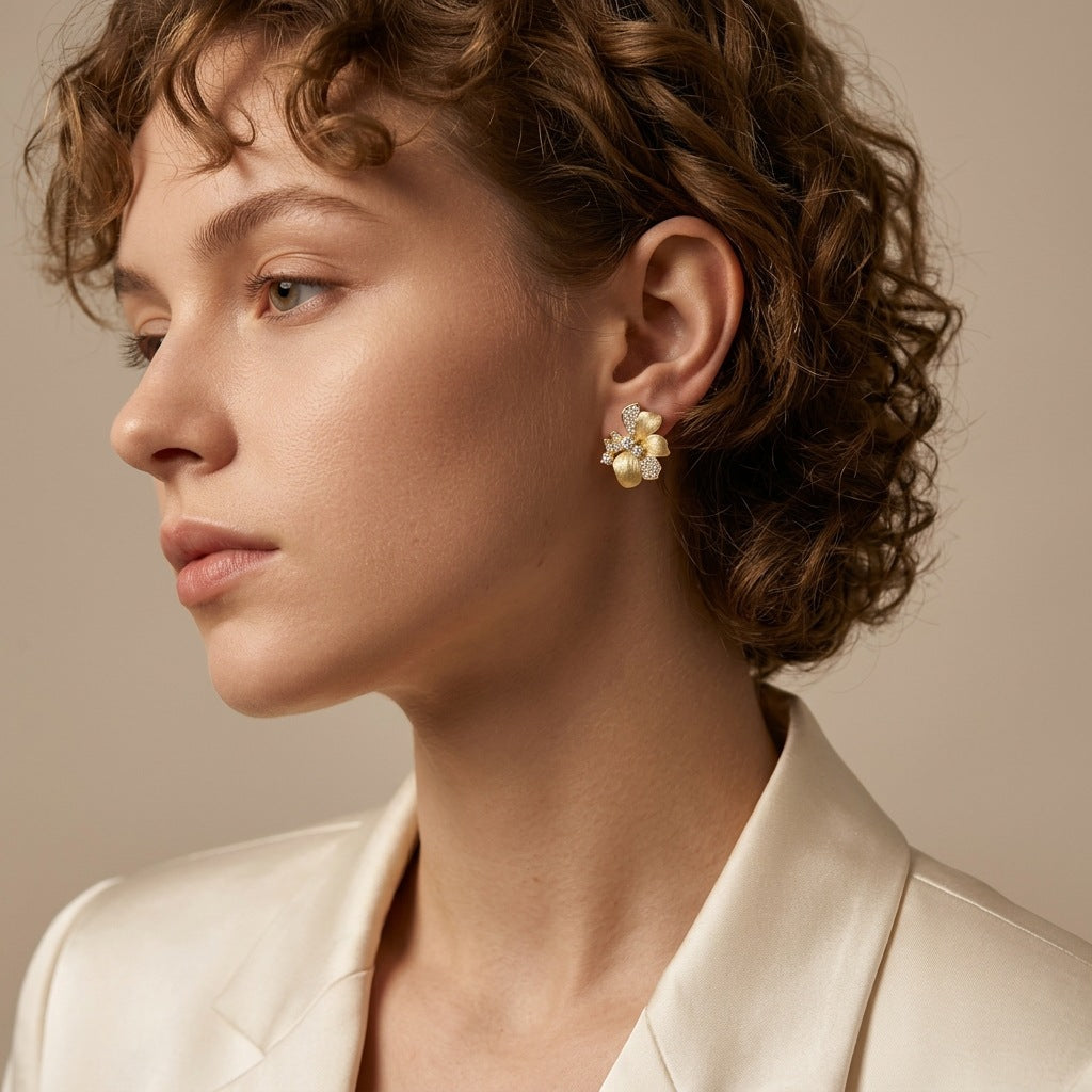 Italian Brushed Luxury Floral Moissanite Earrings - 14K Gold Plated 925 Sterling Silver | MS-G3 in 14K Gold Plated 925 Silver | Moisse & Silver Co. - Moisse & Silver Co.