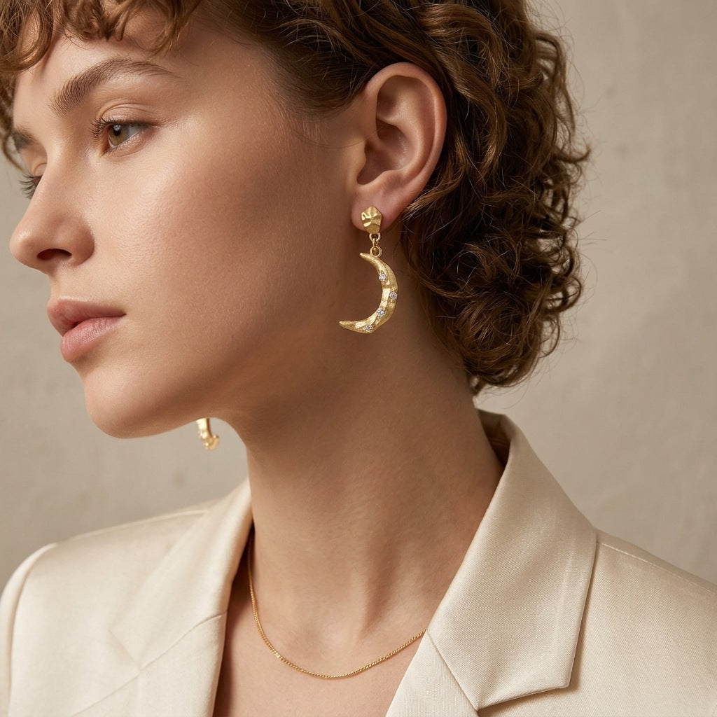 Italian Brushed Minimalist Luxury Star Moissanite Earrings in 14K Gold Plated 925 Silver | Moisse & Silver Co. | #94 - Moisse & Silver Co.