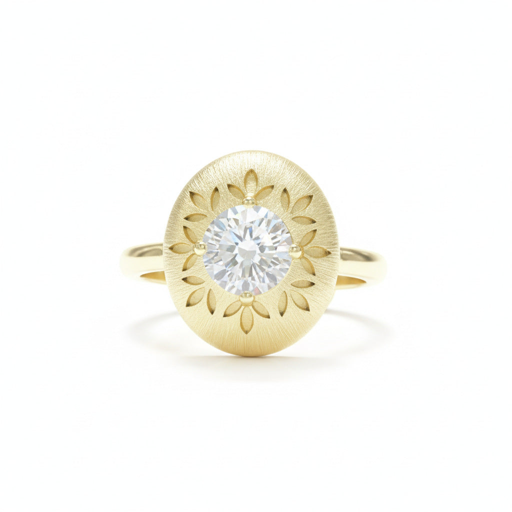 Italian Brushed Vintage Luxury Floral Moissanite Ring in 14K Gold Plated 925 Silver | Moisse & Silver Co. | #89 - Moisse & Silver Co.