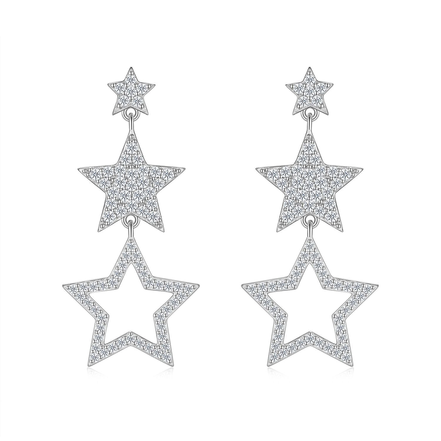 Y2K Style Triple Star Moissanite Dangle Drop Earrings - S925 Silver - Moisse & Silver Co.