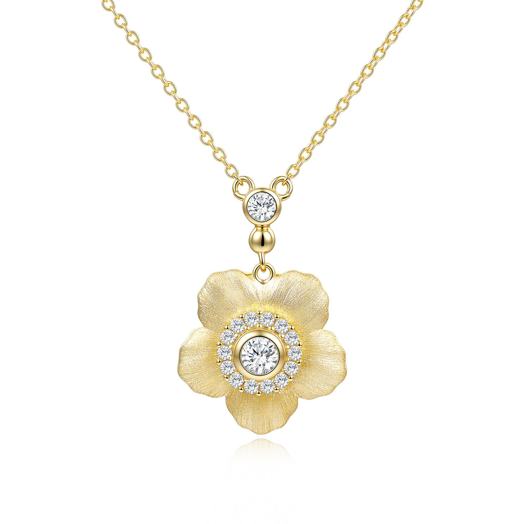 Italian Brushed Vintage Minimalist Luxury Floral Moissanite Necklace in 14K Gold Plated 925 Silver | Moisse & Silver Co. | #91 - Moisse & Silver Co.
