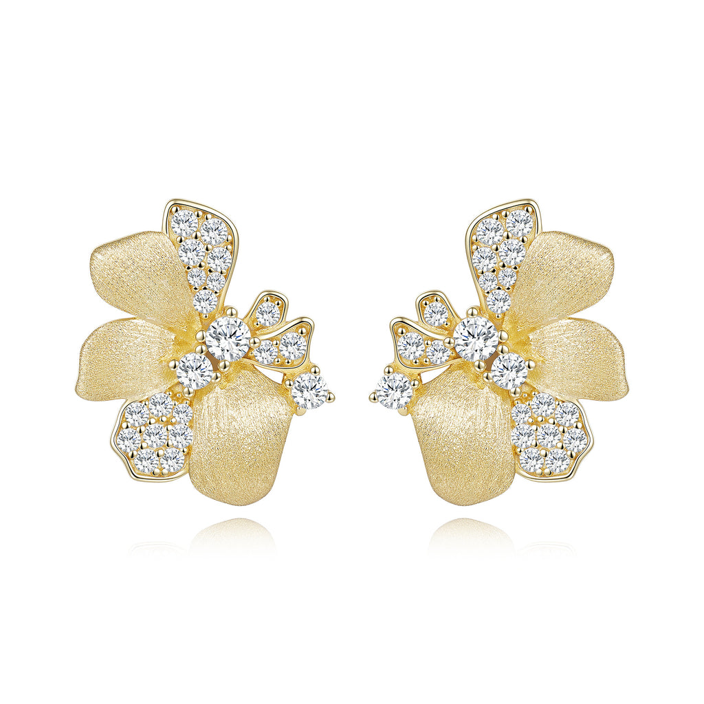 Italian Brushed Luxury Floral Moissanite Earrings - 14K Gold Plated 925 Sterling Silver | MS-G3 in 14K Gold Plated 925 Silver | Moisse & Silver Co. - Moisse & Silver Co.