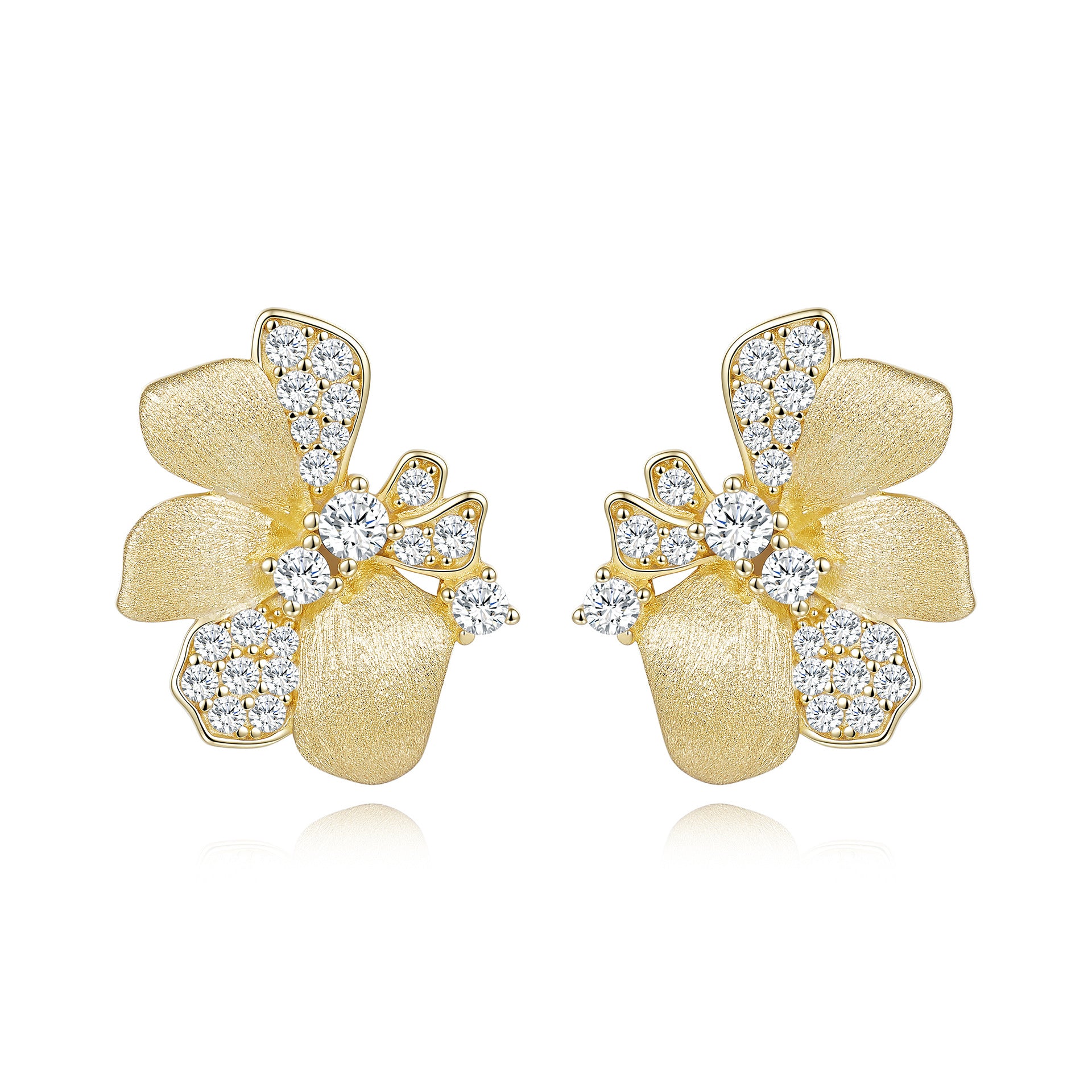 Italian Brushed Luxury Floral Moissanite Earrings - 14K Gold Plated 925 Sterling Silver | MS-G3 in 14K Gold Plated 925 Silver | Moisse & Silver Co. - Moisse & Silver Co.