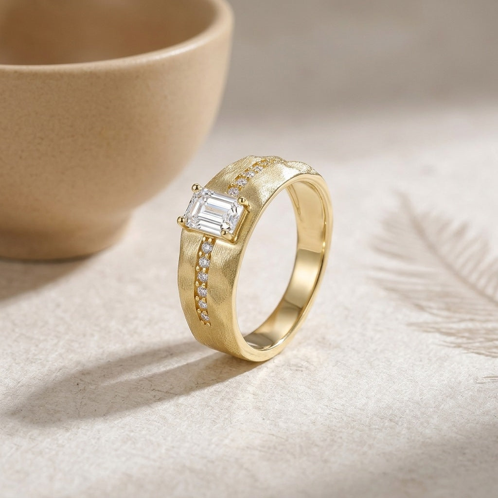 Moissanite Rigato Brushed 925 Sterling Silver Ring | Vintage Luxury