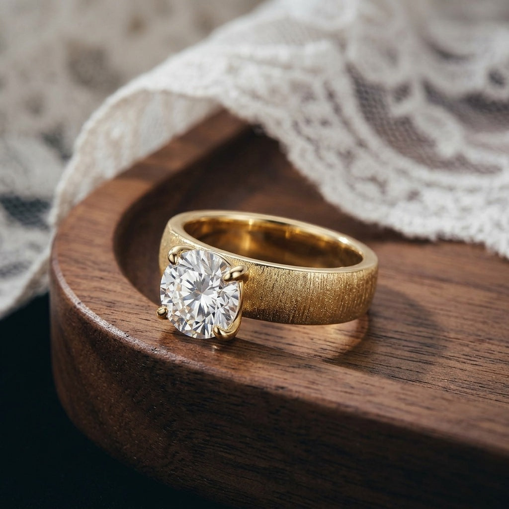 Moissanite Rigato Brushed 925 Sterling Silver 18K Gold Vermeil Ring | Vintage Luxury