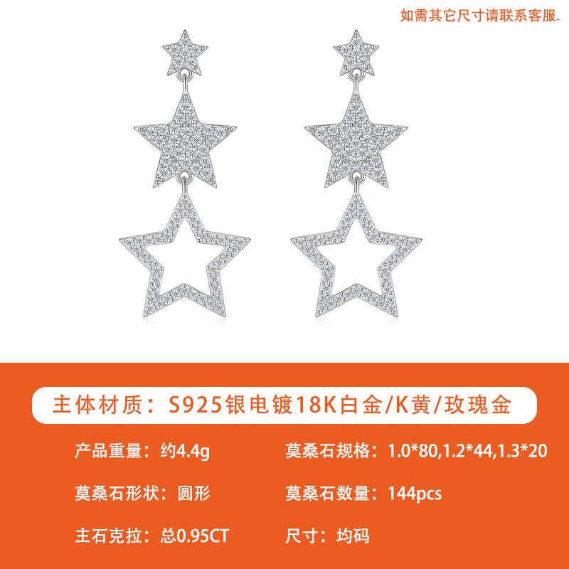Y2K Style Triple Star Moissanite Dangle Drop Earrings - S925 Silver - Moisse & Silver Co.